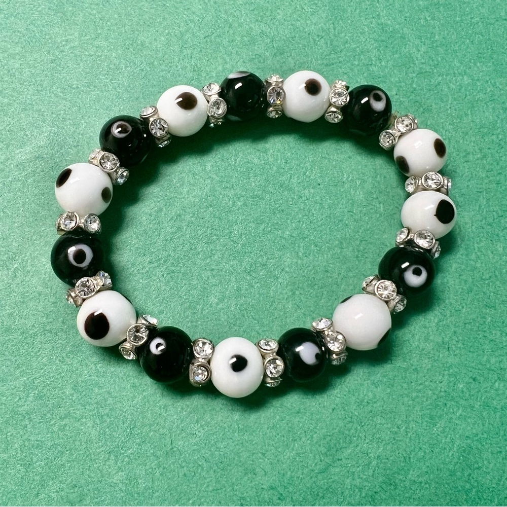 Vintage Evil‎ Eye Black & White Glass Rhinestone Beaded Stretch Bracelet - Gift